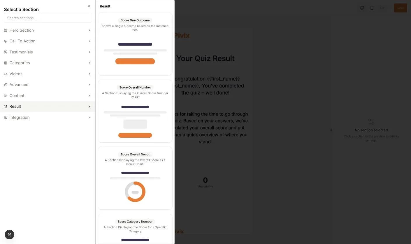 Die Gruppe Result in der Sektionsauswahl