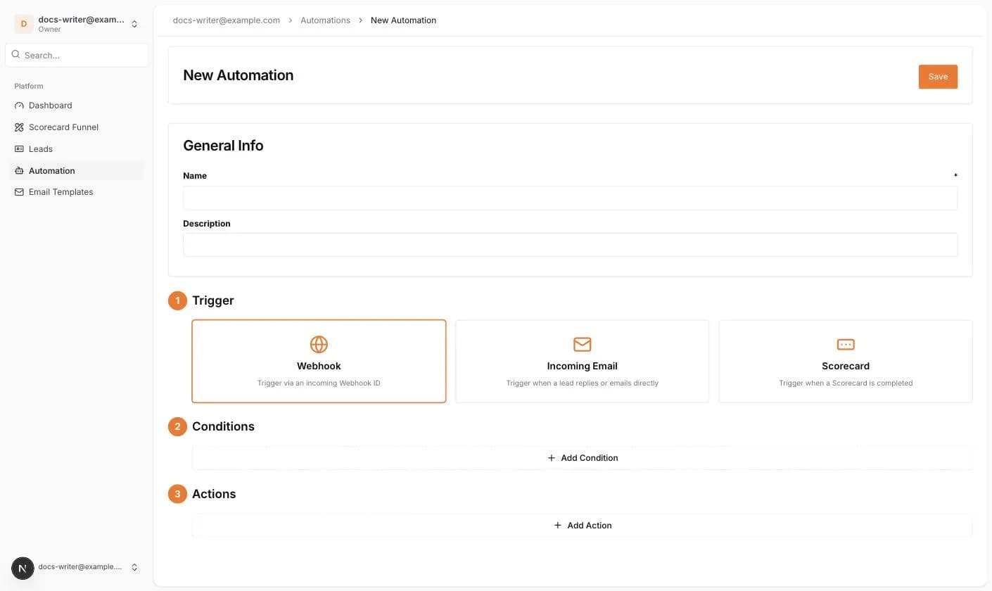 Die Seite New Automation mit General Info, Trigger, Conditions und Actions