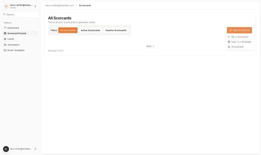 Blank Scorecard, New from Template ve AI Assistant seçeneklerini içeren New Scorecard menüsü