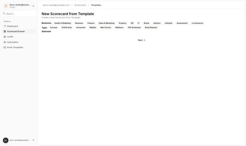 Business ve Type filtreleriyle New Scorecard from Template sayfası
