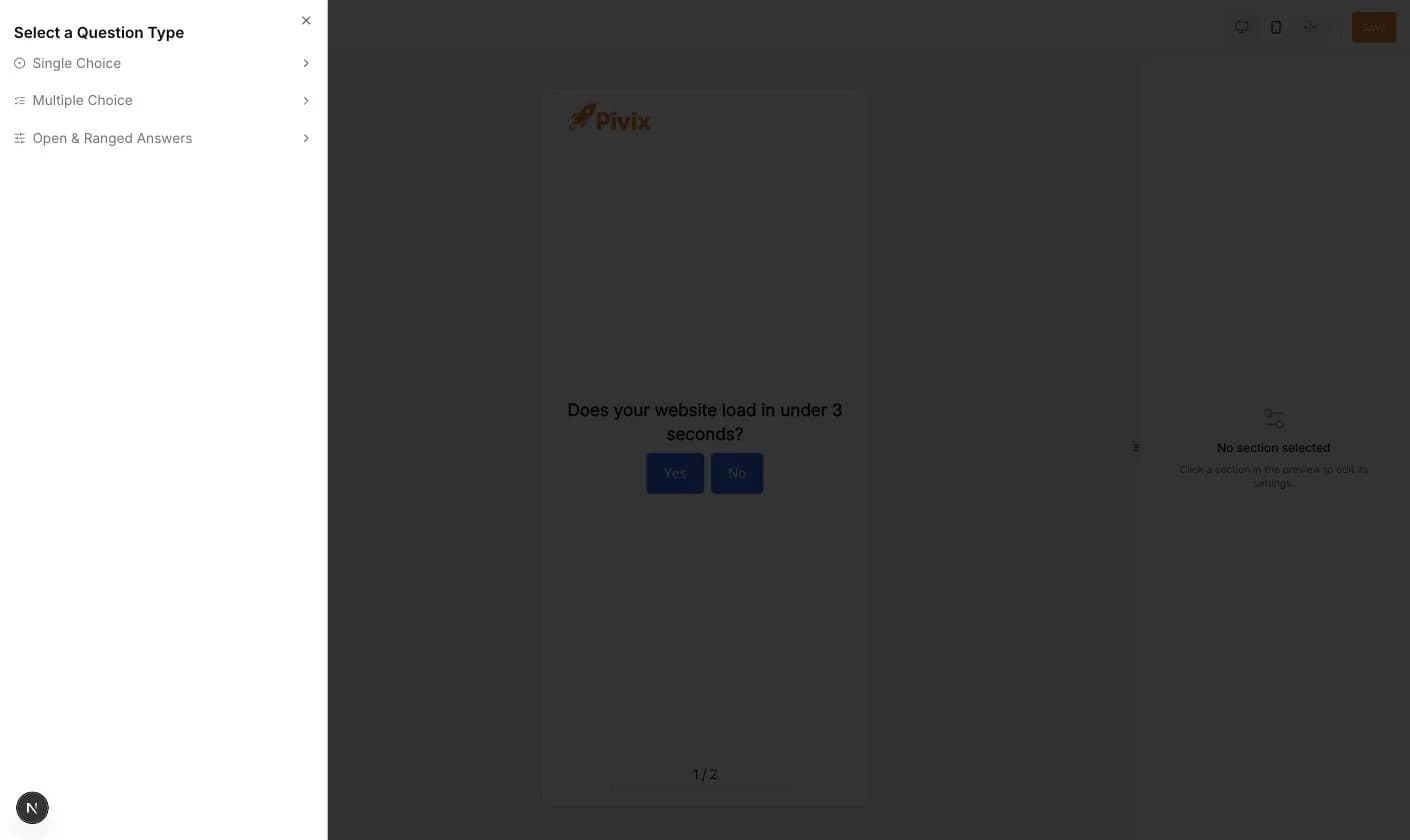 Das Panel Select a Question Type