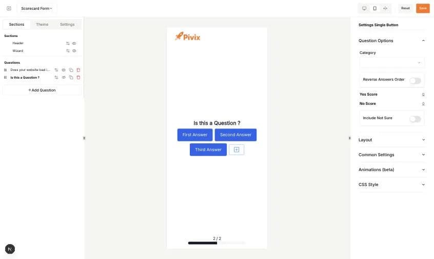 Zwei Fragen in der Editor-Liste mit ihren Aktionssymbolen