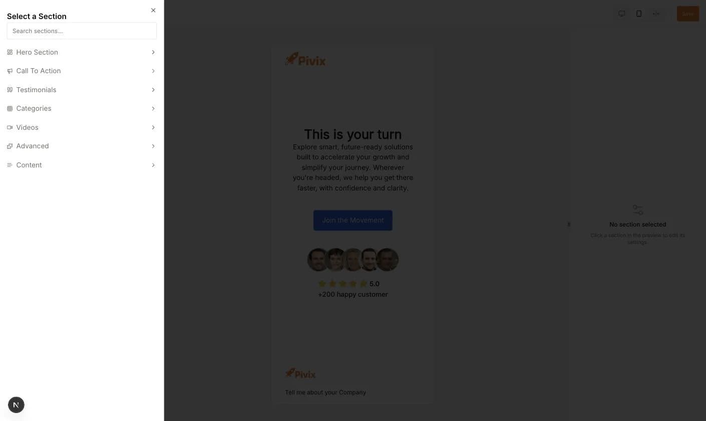 Das Panel Select a Section