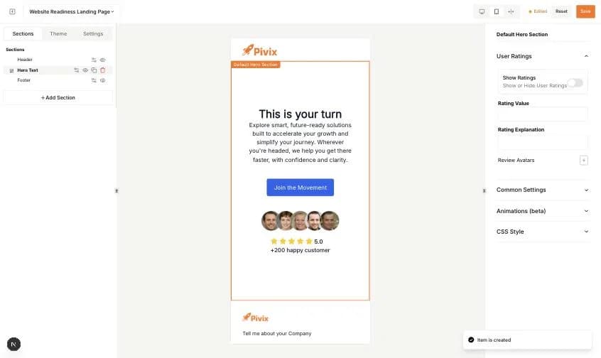 Eine Sektion Hero Text auf der Landingpage
