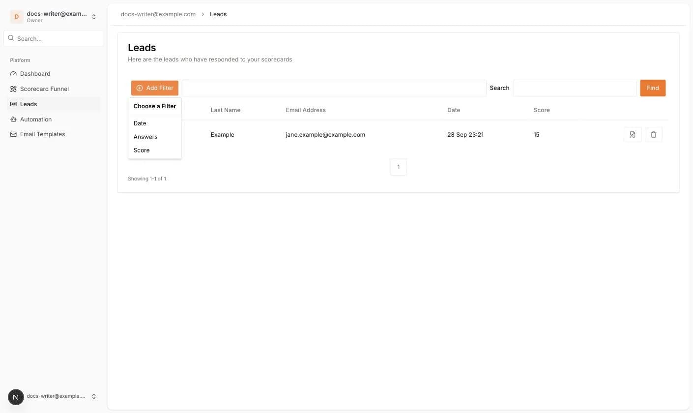 Das Menü Add Filter mit Date, Answers und Score