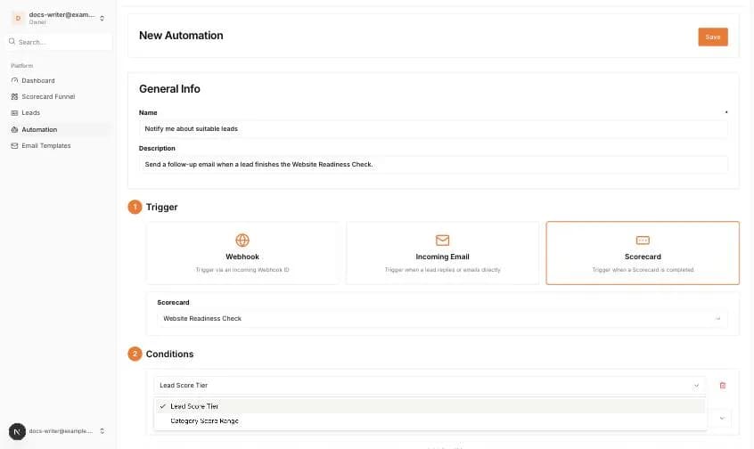 Das Dropdown der Bedingungstypen bei einem Scorecard-Trigger