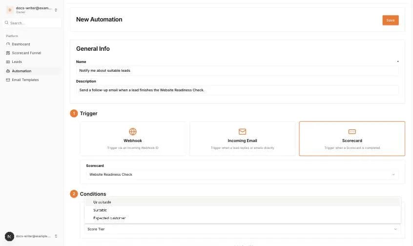 Das Dropdown Score Tier mit den Stufen der Scorecard