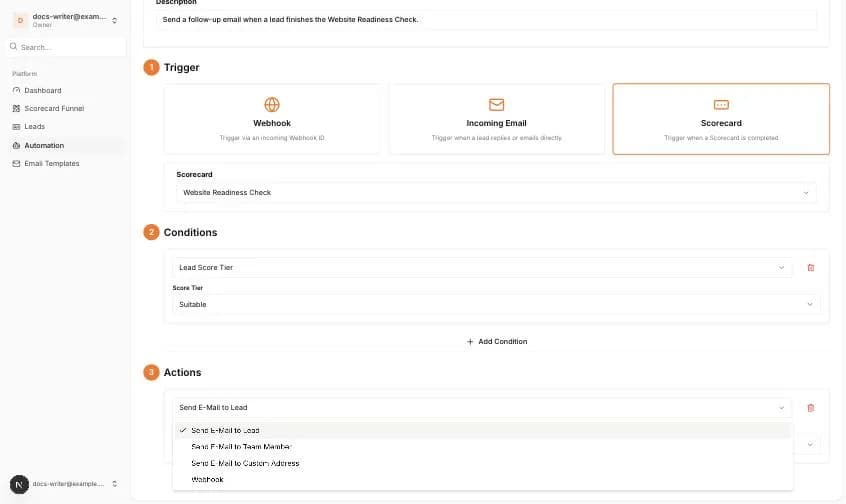 Das Dropdown der Aktionstypen