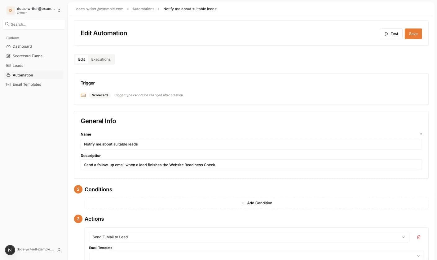 Die Seite Edit Automation mit den Buttons Test und Save sowie den Tabs Edit und Executions