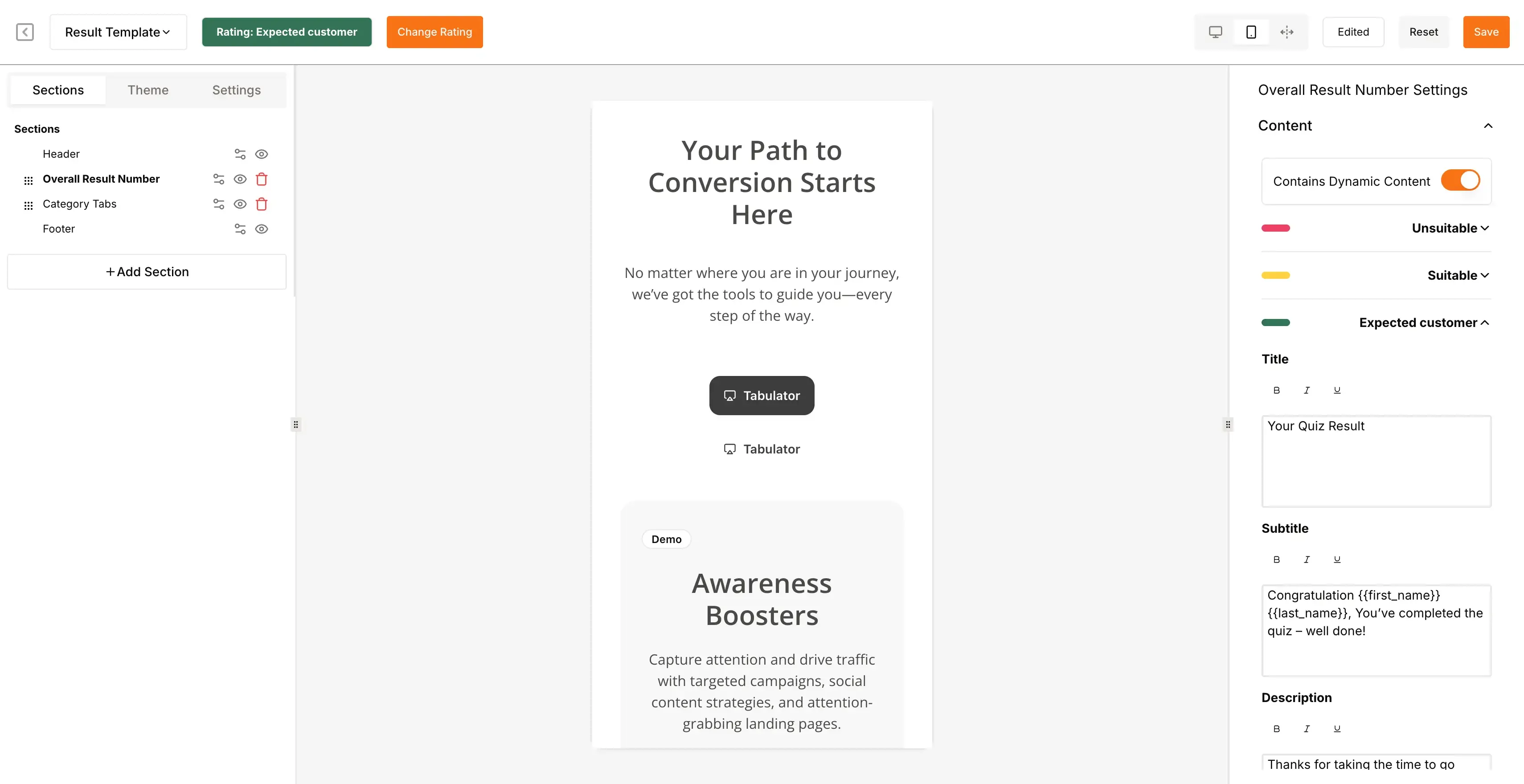 Dynamic result page editor